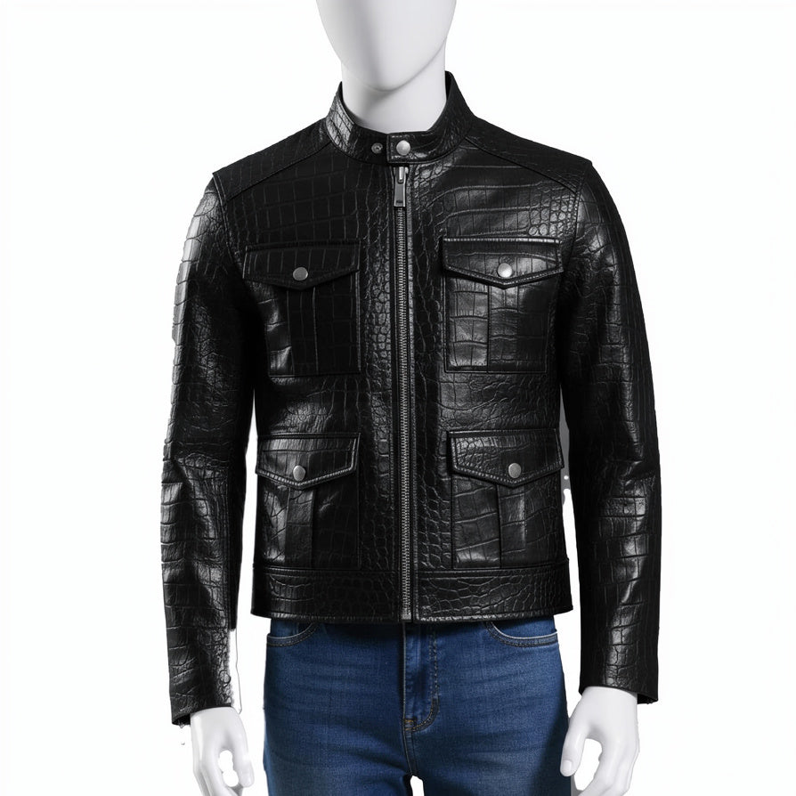Black Crocodile Pattern Leather Jacket For Men  Genuine Leather Zip Up Biker Style Jackets