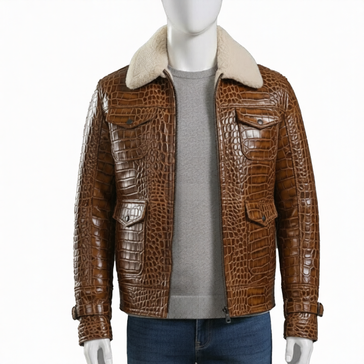 Brown Textured Leather Jacket Mens Winter Coat with Shearling Collar