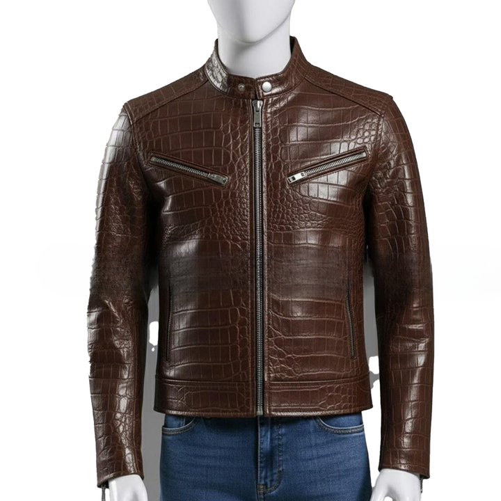 Handmade Brown Crocodile Embossed Genuine Leather Biker Jacket