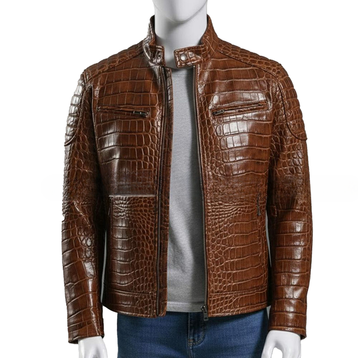 Embossed Brown Leather Jacket Men  Genuine Leather Stand Collar