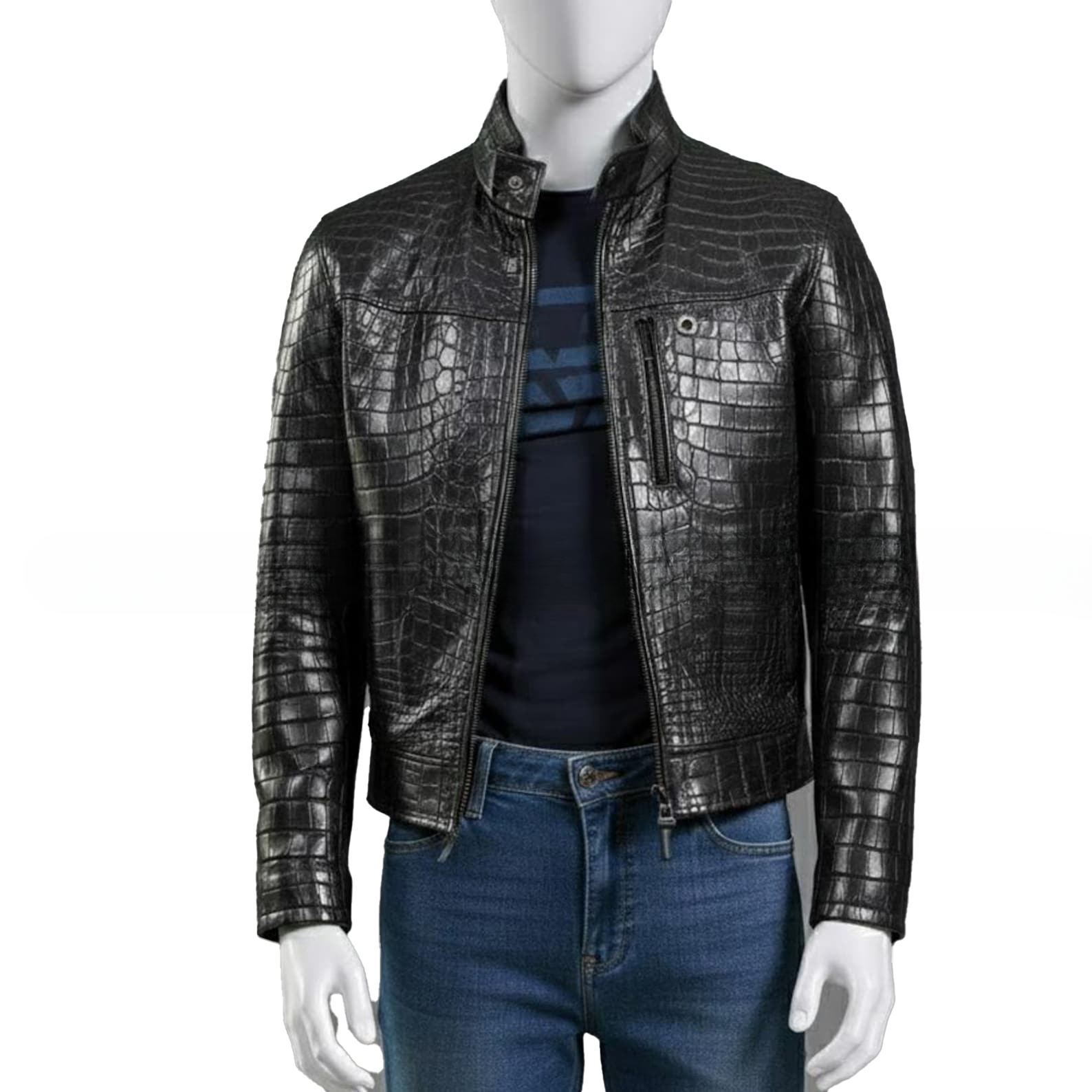 Mens Black Croc Embossed Genuine Leather Trucker Jacket