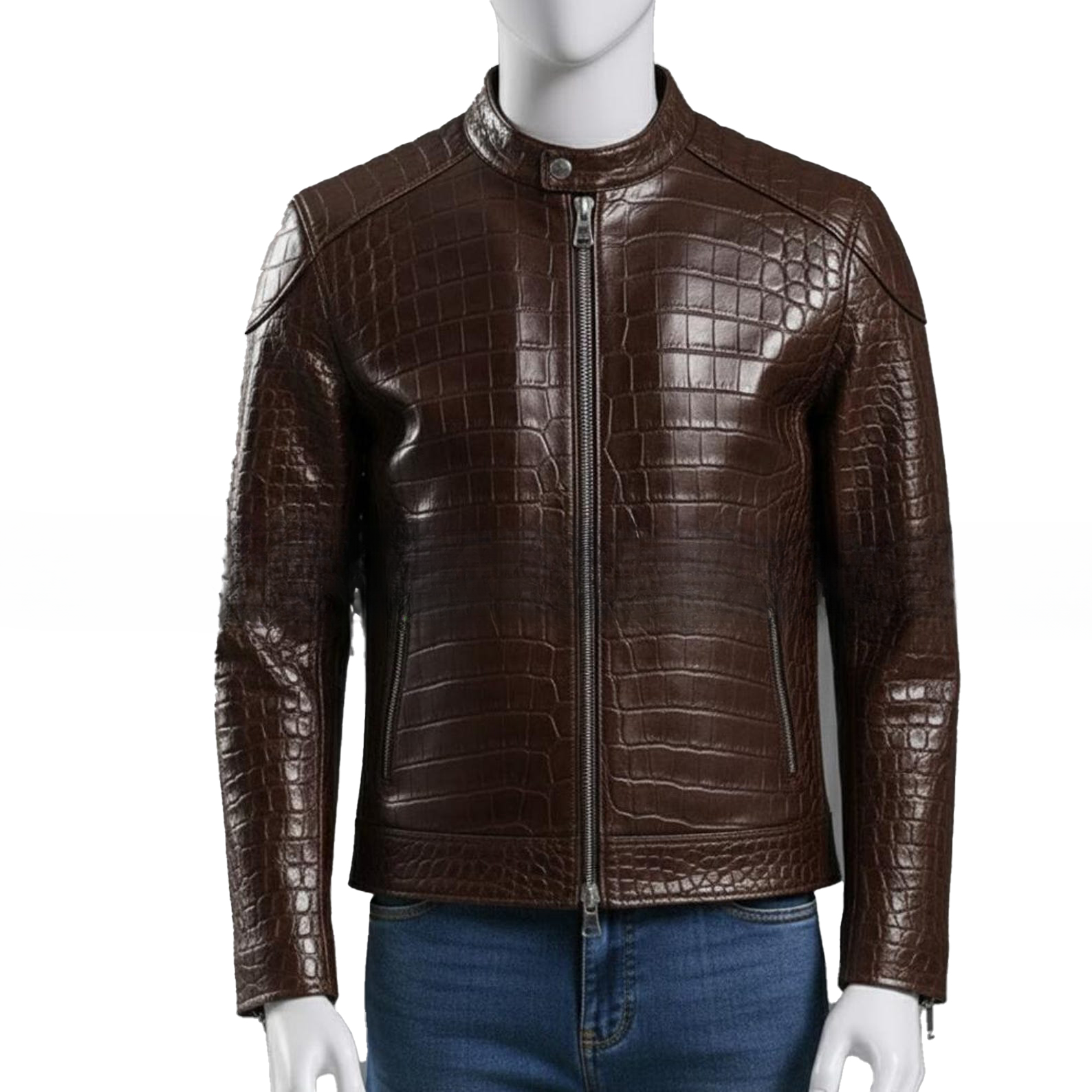 Embossed Genuine Leather Motorcycle Jacket  Slim Fit Aviator Coat