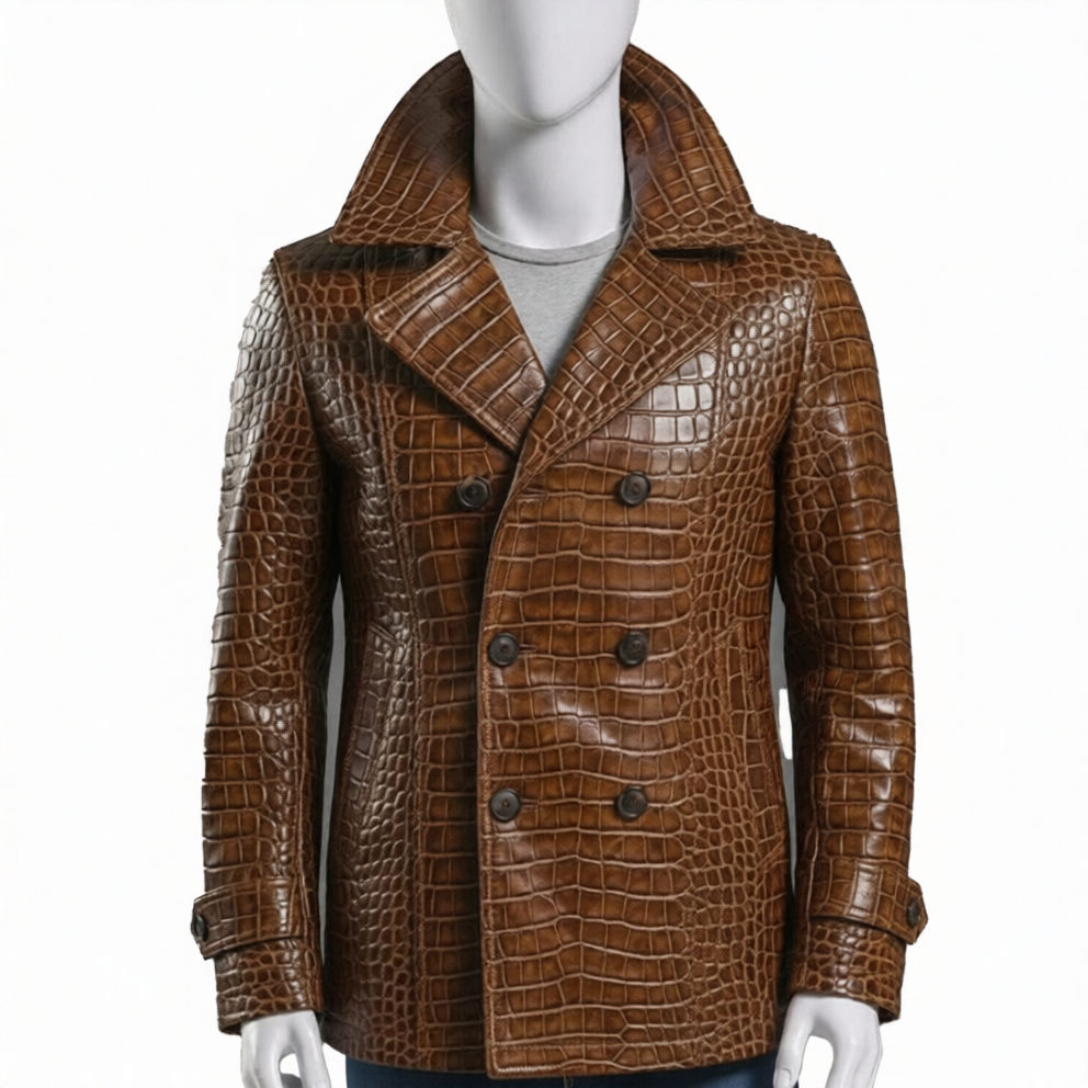 Embossed Brown Leather Coat  Mens Double Breasted Jacket