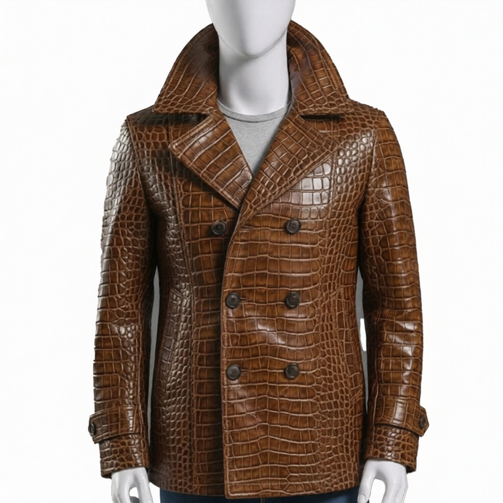 Embossed Brown Leather Coat  Mens Double Breasted Jacket