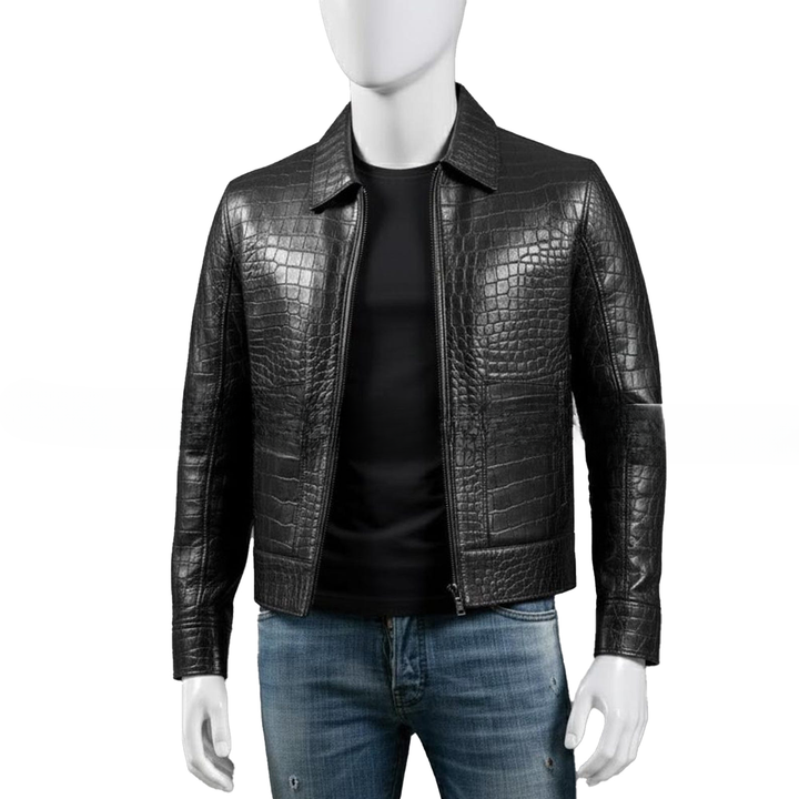 Mens Black Crocodile Embossed Genuine Leather Jacket  Slim Fit