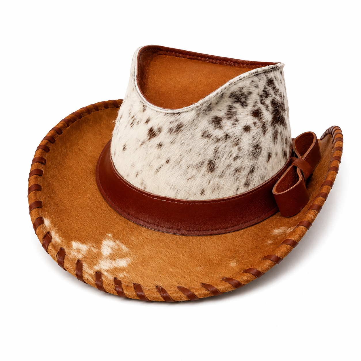 Handmade Unisex Hair On Cowhide Cowboy Hat Whipstitch Brim Western Cosplay Leather