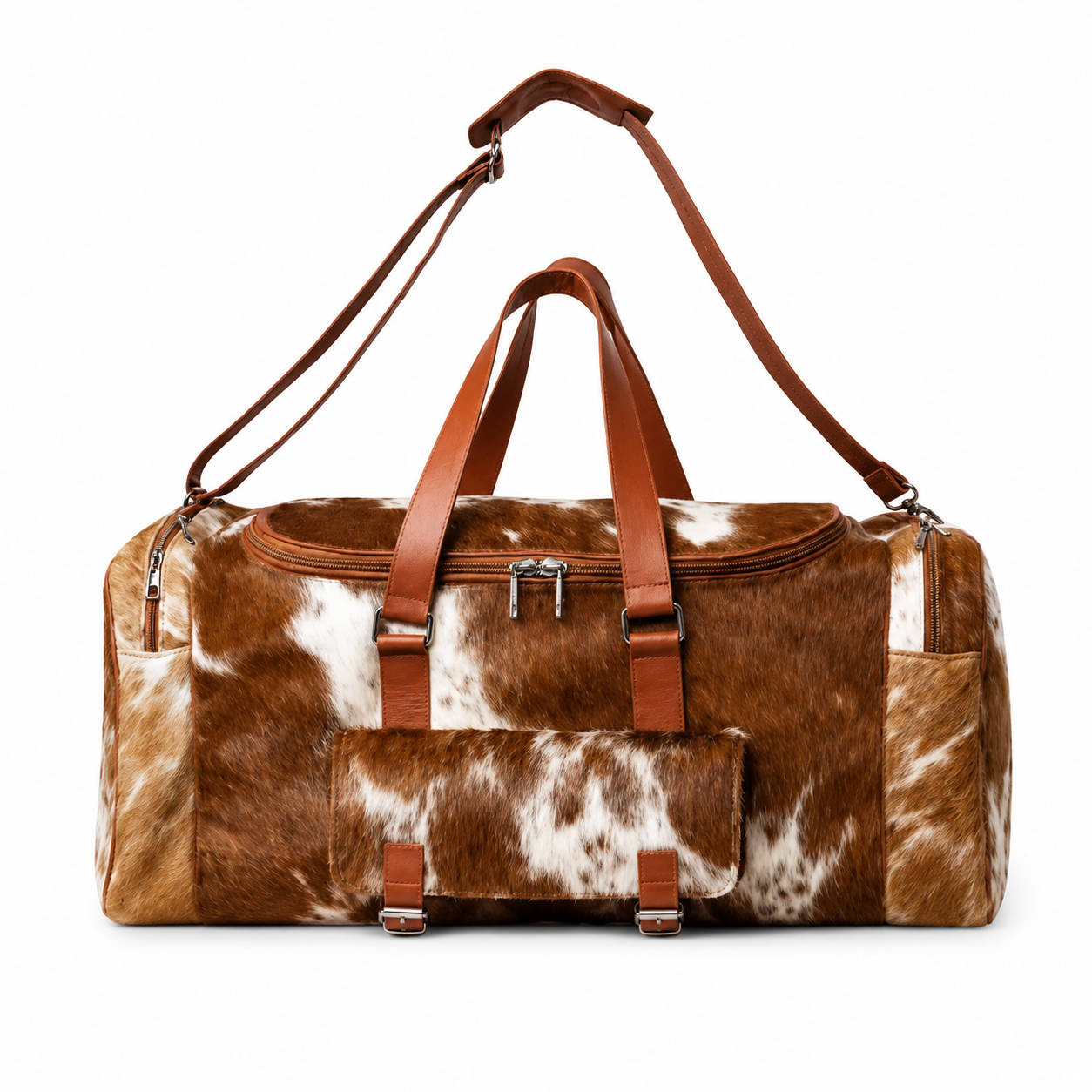 Tan  White Cowhide Duffel Bag  Genuine Leather Western Weekender 22