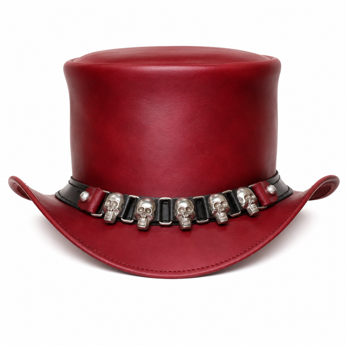 Handmade Red Leather Steampunk Top Hat Skull Band Gothic Festival Hat