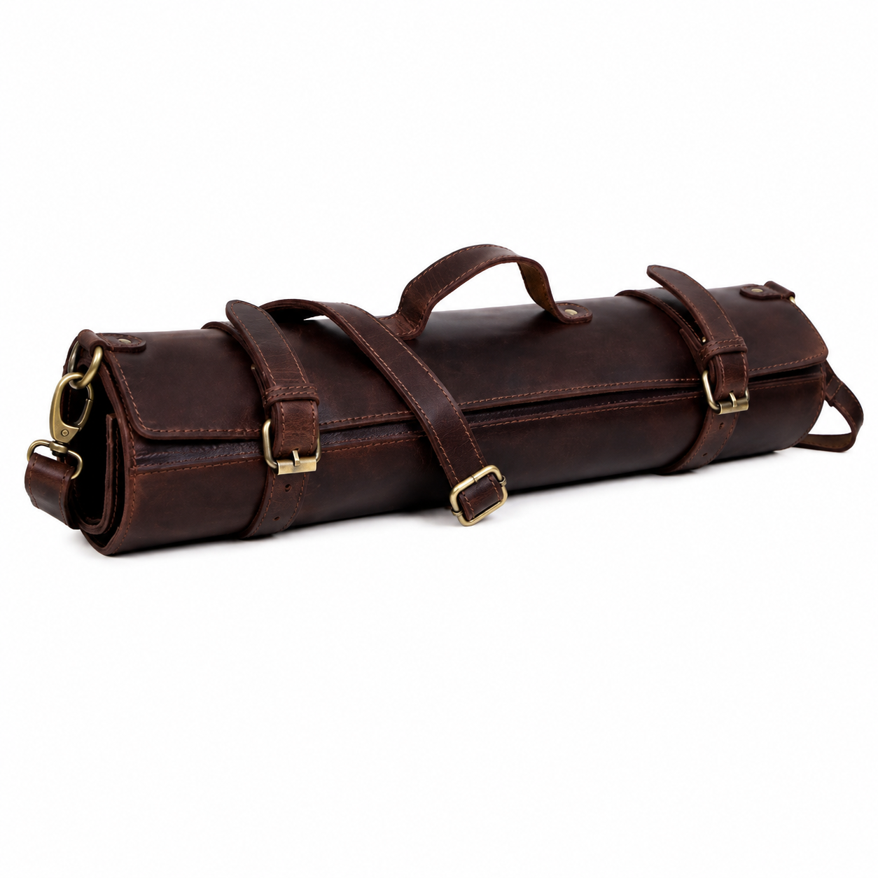 Dark Brown Leather Knife Roll With Shoulder Strap