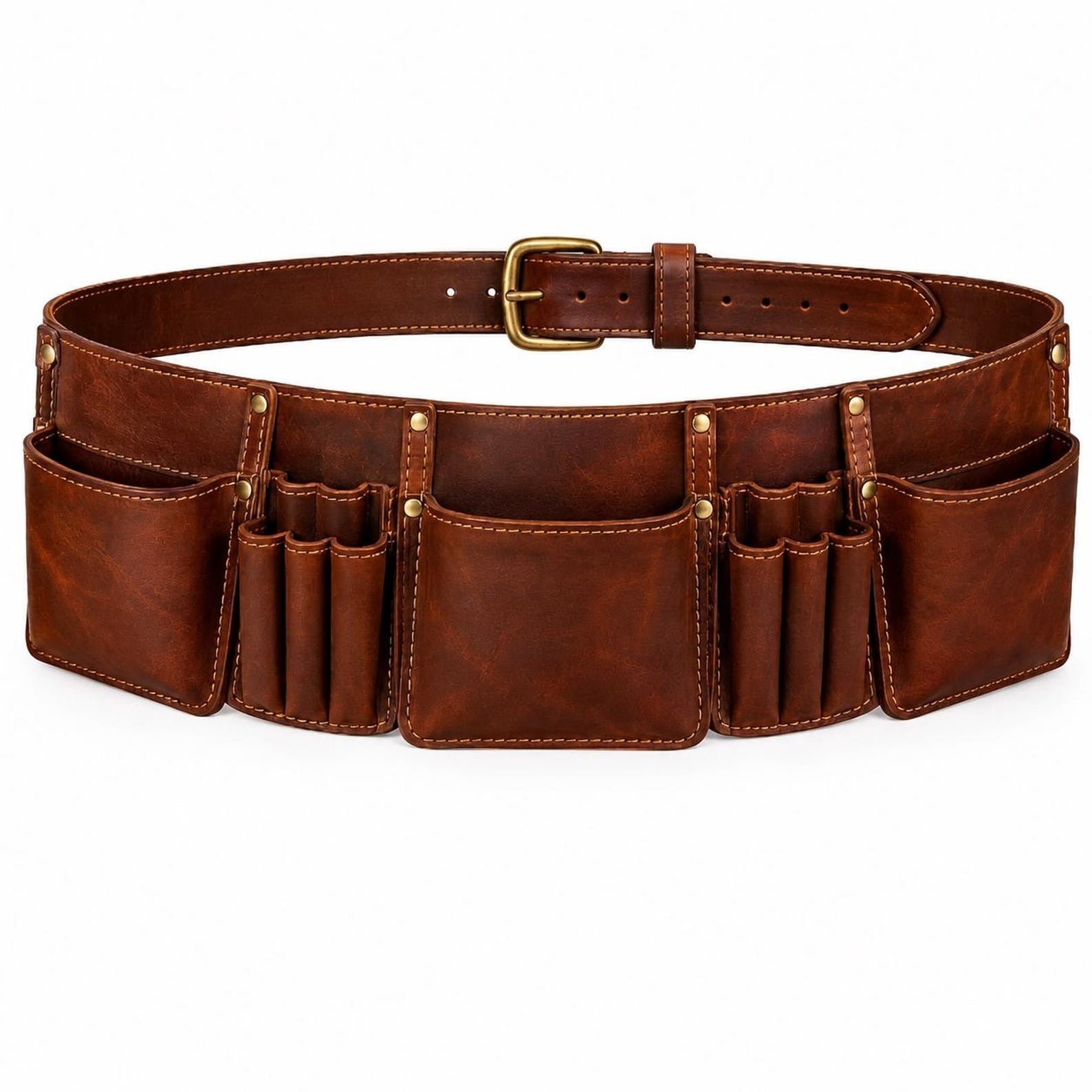 Brown Leather Tool Belt  Vintage Style with Pockets & Loops