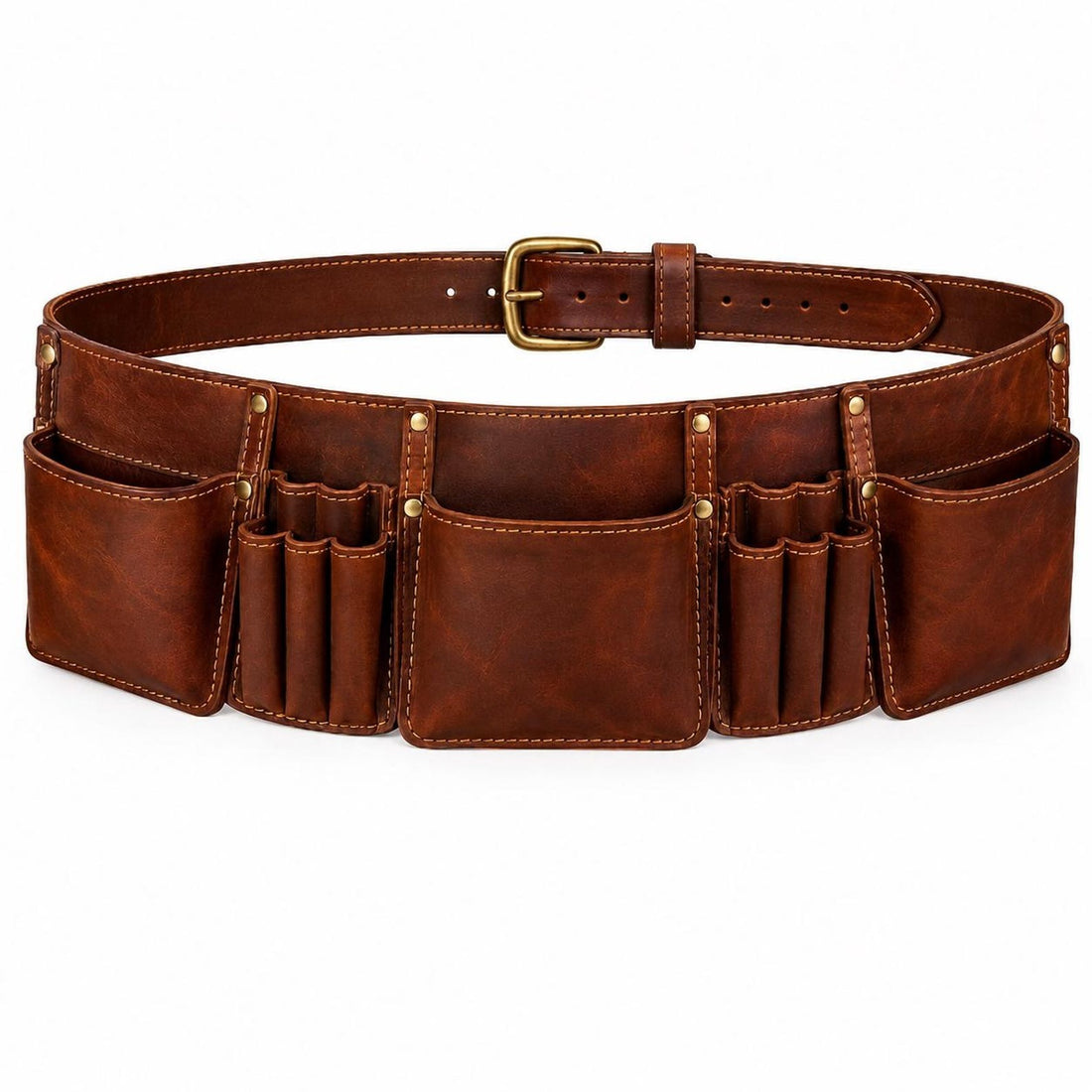 Brown Leather Tool Belt  Vintage Style with Pockets & Loops