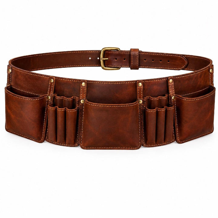 Brown Leather Tool Belt  Vintage Style with Pockets & Loops
