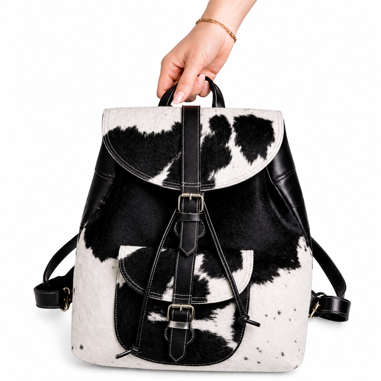 Handmade Tan & White Cow Hairon Leather Backpack  Rustic Chic Unique Everyday Use Bag