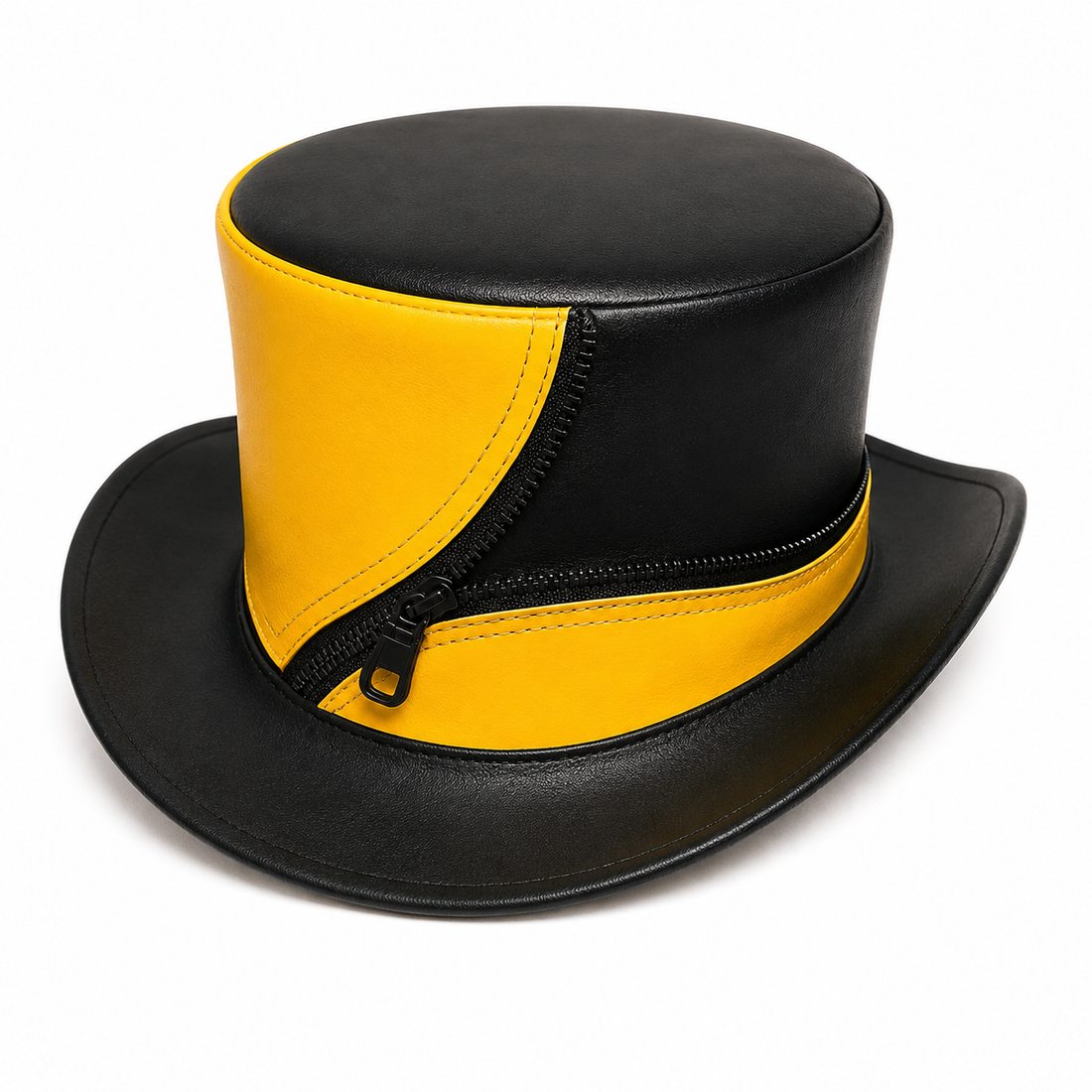 Handmade Yellow Black Zip Leather Top Hat Steampunk Cosplay Festival Costume Style