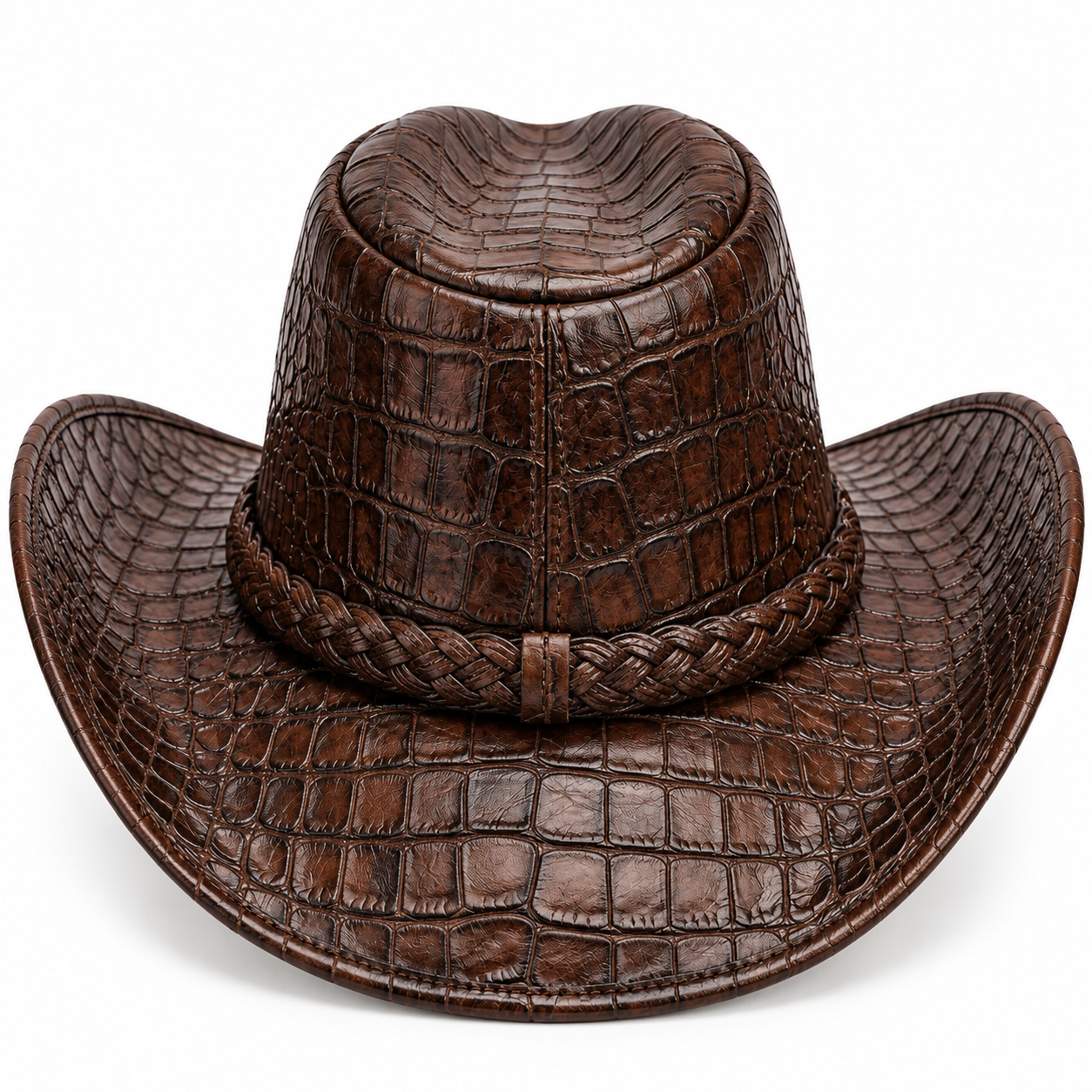 Brown Croc Embossed Leather Cowboy Hat Western Wide Brim Rodeo Ranch Country
