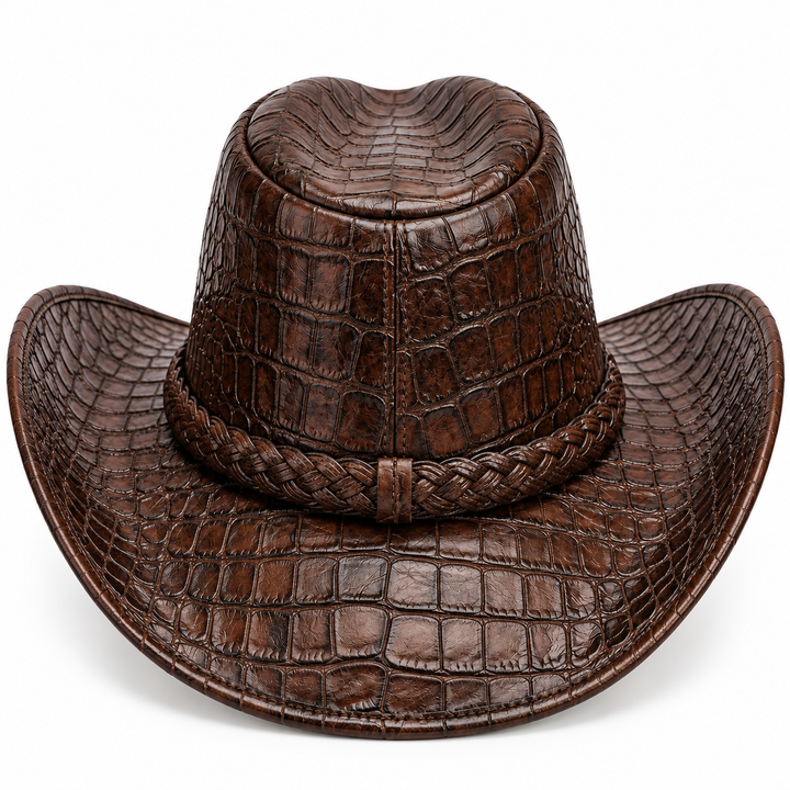 Brown Croc Embossed Leather Cowboy Hat Western Wide Brim Rodeo Ranch Country