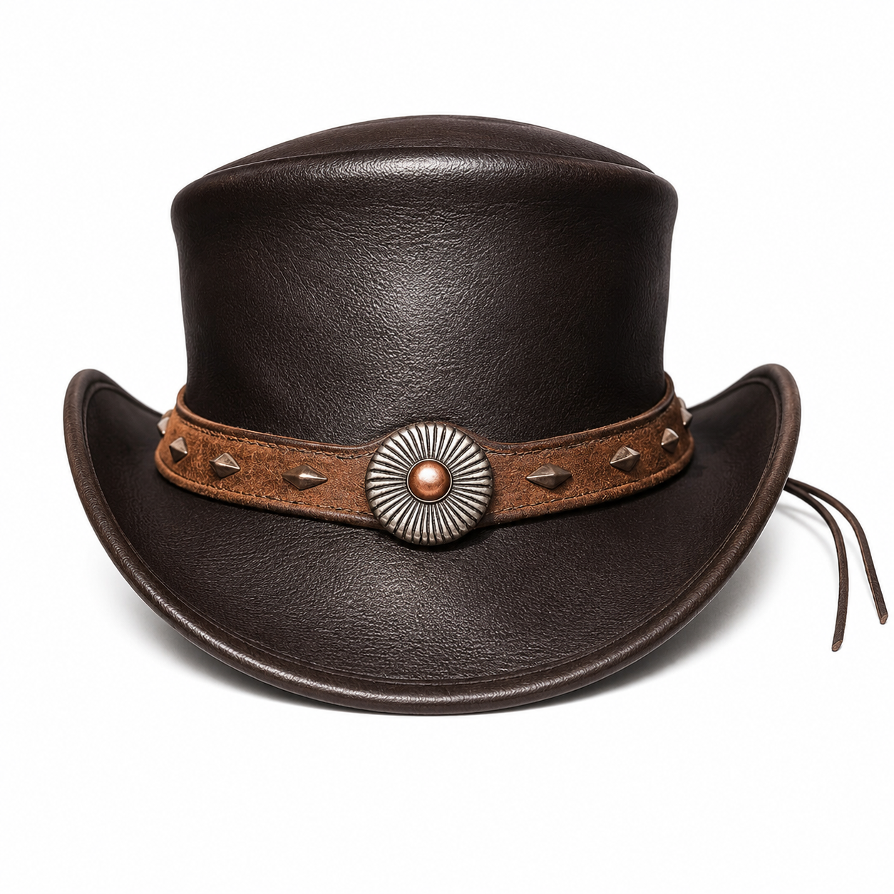 Handcrafted Black Leather Top Hat with Brown Band Western Steampunk Gothic Festival Wear