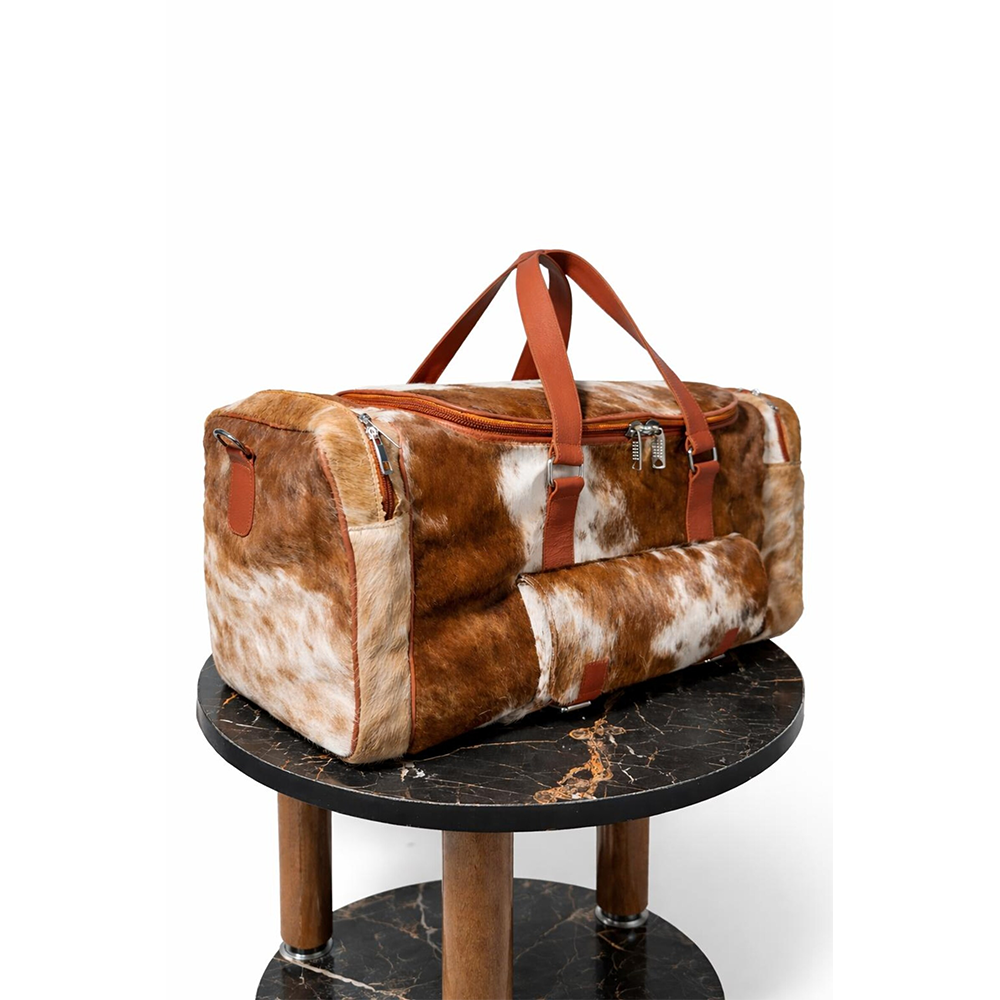 Tan White Cowhide Duffle Bag  Genuine Leather Western Travel Weekender (22 Inch)