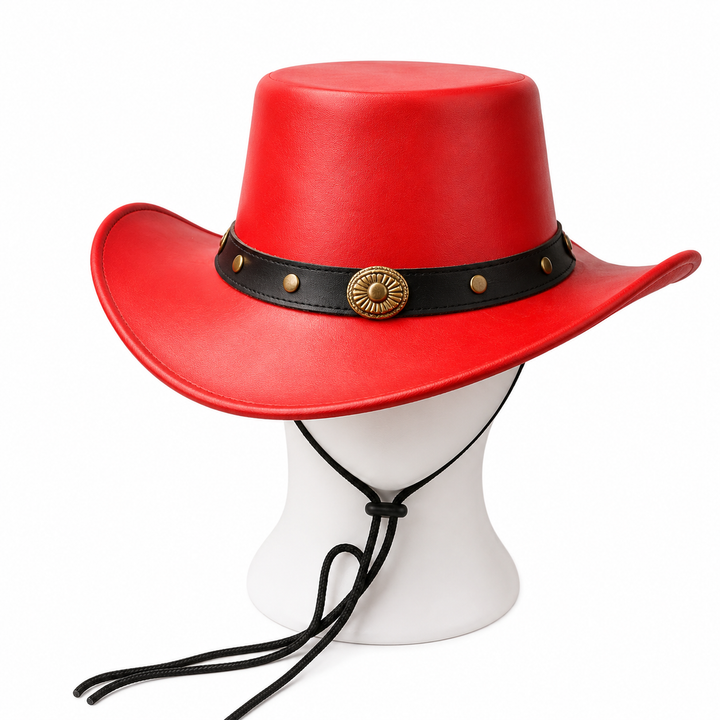 Handmade Red Leather Cowboy Hat, Western Rodeo Style Unisex Design