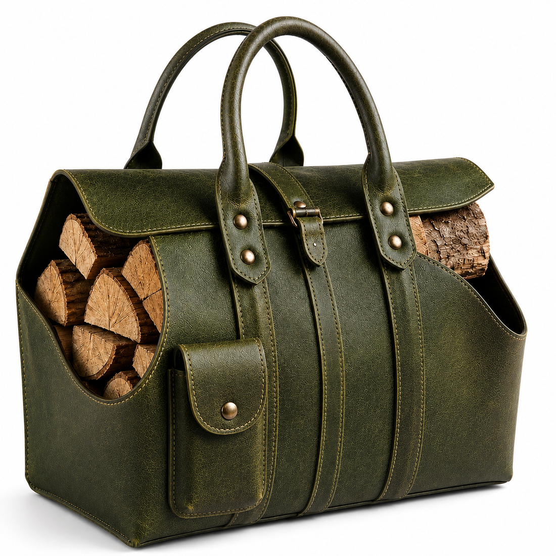 Handmade Full-Grain Leather Firewood Carrier Log Tote ΓÇô Rustic Farmhouse Storage Bag