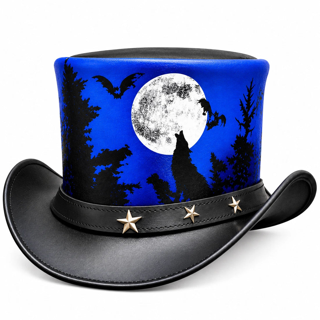 Genuine Leather Wolf Moon Cowboy Hat Gothic Western Wide Brim Halloween Unisex