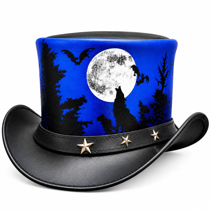 Genuine Leather Wolf Moon Cowboy Hat Gothic Western Wide Brim Halloween Unisex