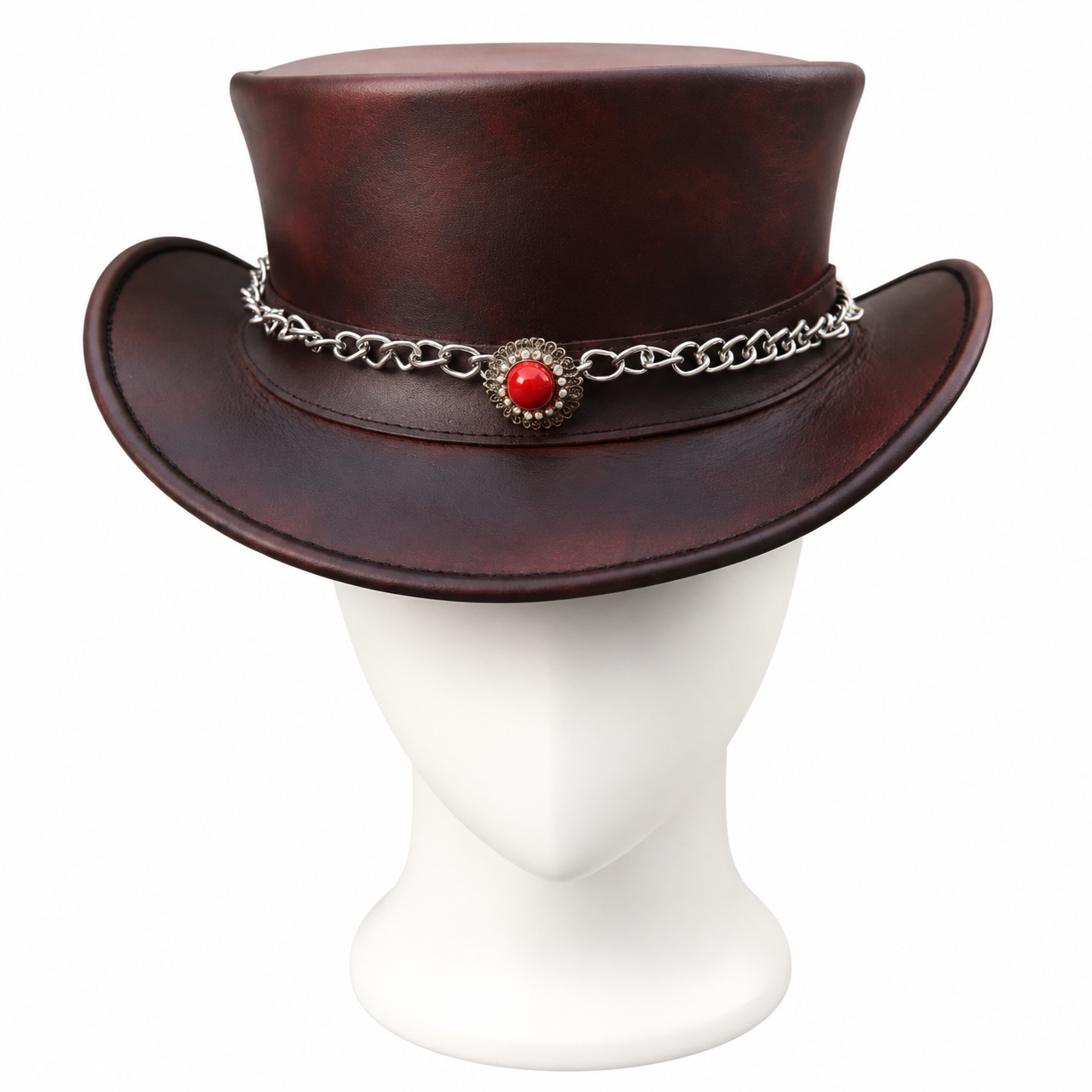 Handmade Genuine Leather Steampunk Top Hat Gothic Chain Band Victorian Western Costume
