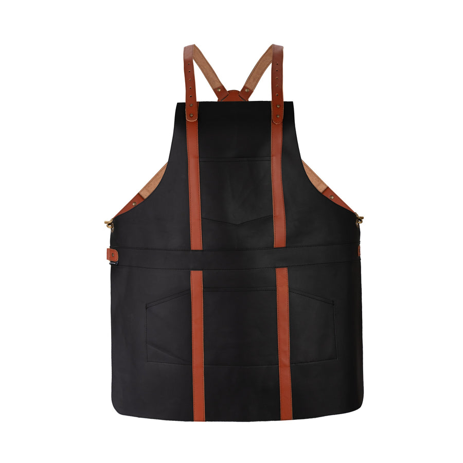 Professional Black Leather Chef Apron with Adjustable Cross Back Harness