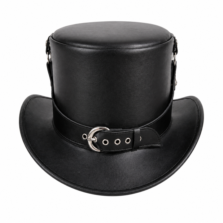 Handmade Black Leather Steampunk Top Hat Gothic Buckle Band Festival Cosplay Hat