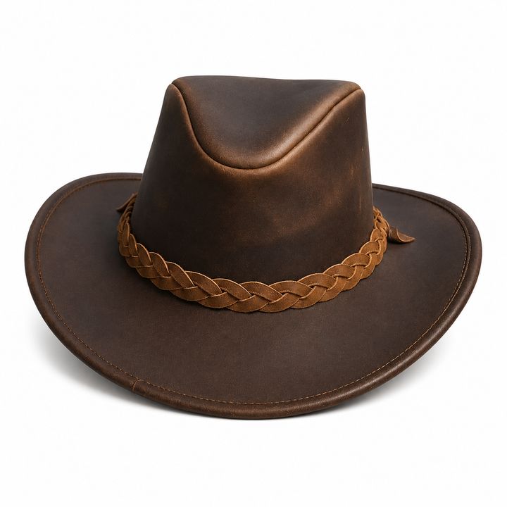 Handmade Cowboy Western Leather Hat Rugged Distressed Brown with Braided Band