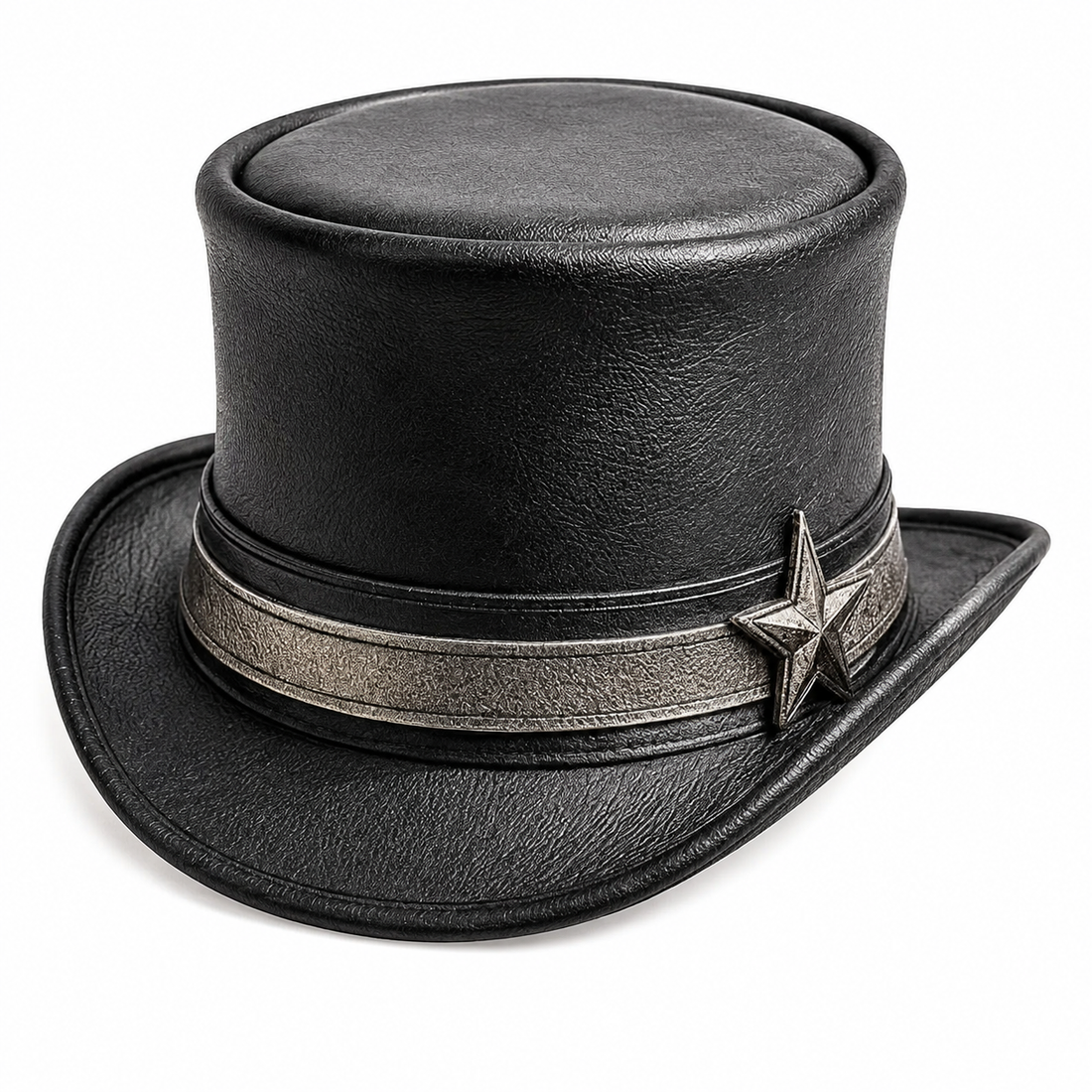 Handmade Black Leather hat Steampunk Silver Star Concho Gothic Western Festival Cosplay Hat