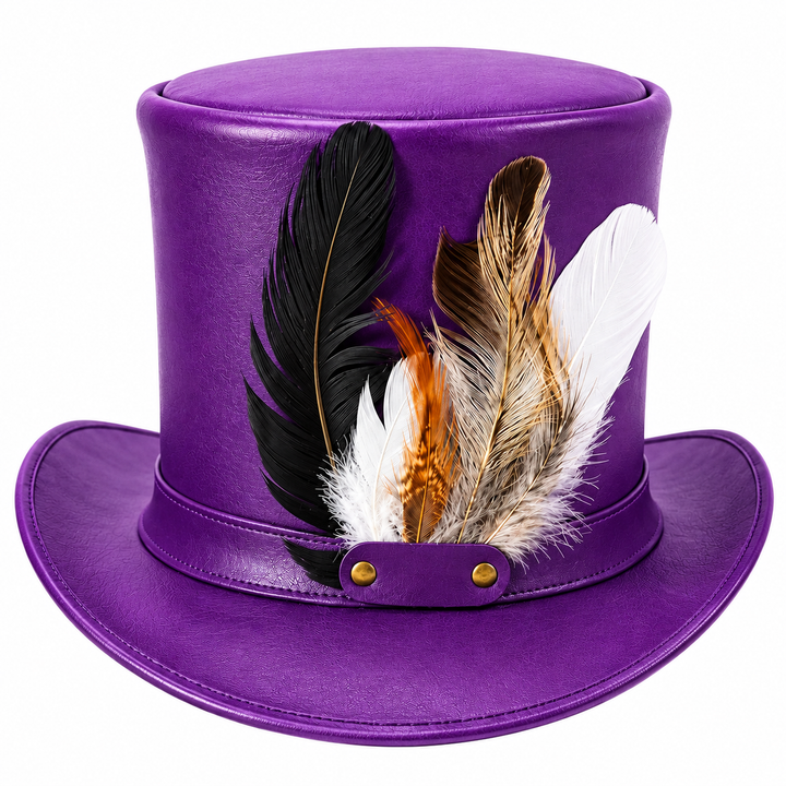 Purple Genuine Leather Top Hat Steampunk Gothic Victorian Mad Hatter Feather