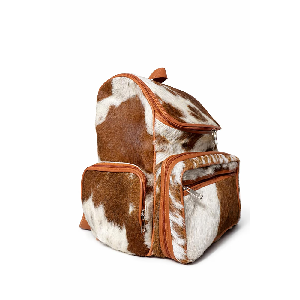 Handmade Genuine Cowhide Backpack  Tan & White Spotted Leather Backpack  Large Western Rucksack with Pockets