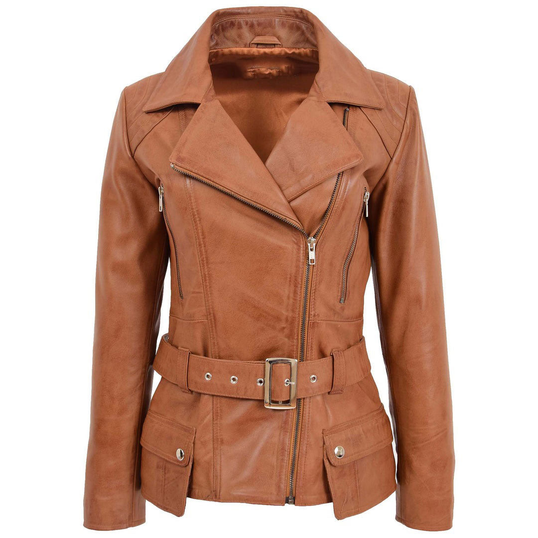 woman jackets\Womens Leather Hip Length Biker Jacket Celia Tan