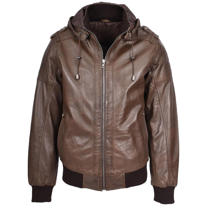 Mens Real Leather Bomber Jacket Trendy Removable Hood Style Reggie Brown