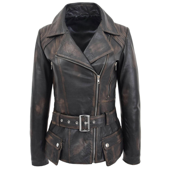 Womens Leather Hip Length Biker Jacket Celia Rub Off