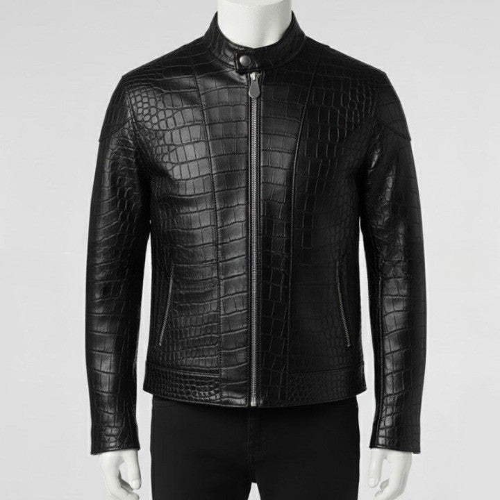 Mens Crocodile Embossed Leather Biker Jacket  Slim Fit Aviator Coat