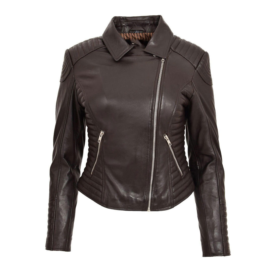 Womens Soft Leather Cross Zip Biker Jacket Anna Brown