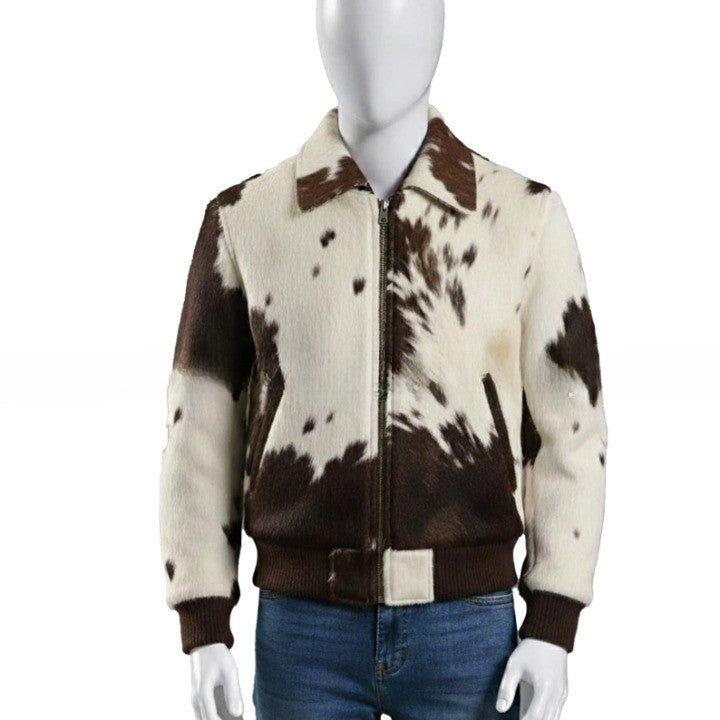 Mens Brown and Cream Zip Up Leather Jacket with Ribbed Hem  Contemporary Casual Outerwear