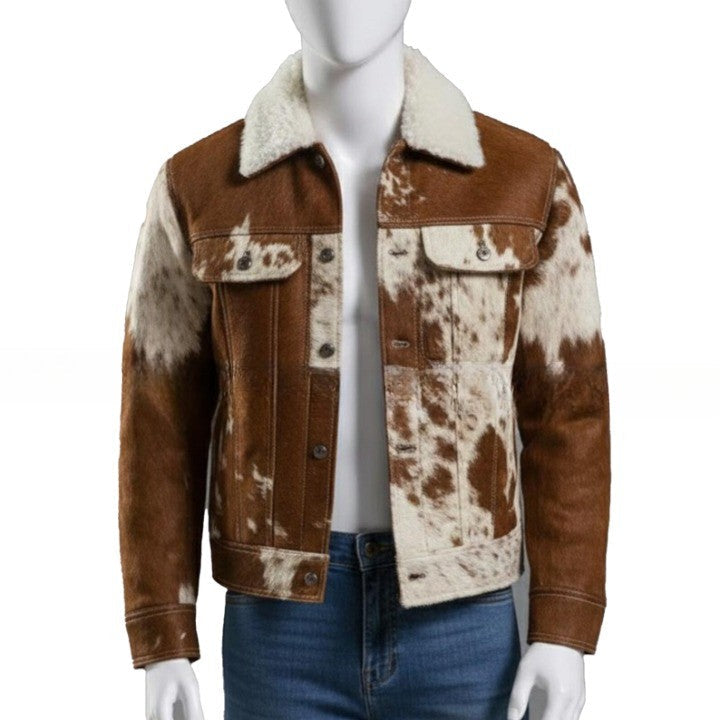 Mens Brown  Cream Cowhide Style Leather Jacket  Handmade Pathwork Western Jacket