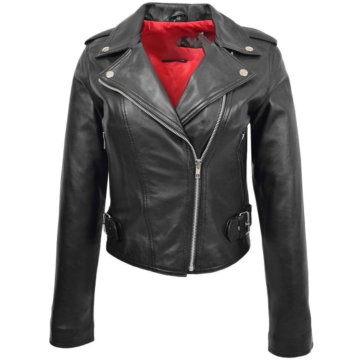 Womens Leather Biker Style Cross Zip Jacket Emma Black