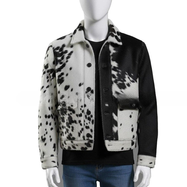 Mens HairOn Cowhide Leather Trucker Jacket Black and White Panel, Handmade