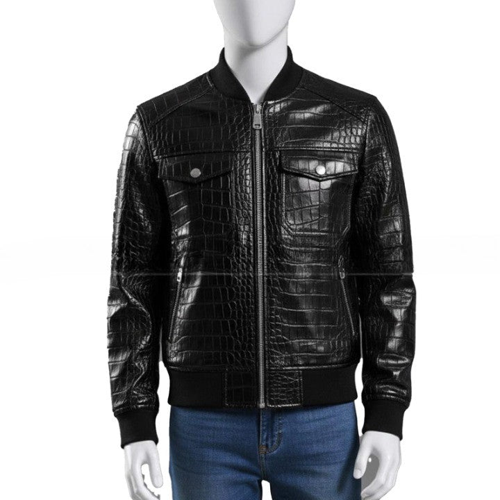 Mens Luxury Black Crocodile Embossed Leather Jacket  New Style Genuine Leather Bomber Jackets