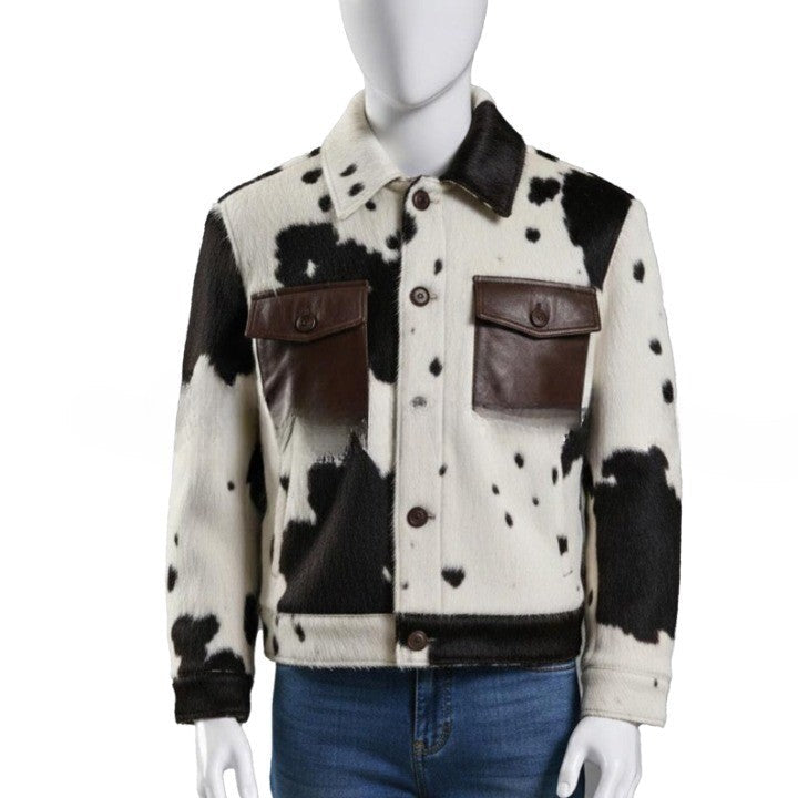 Men’s Cowhide Leather Jacket – Black & White Western Style