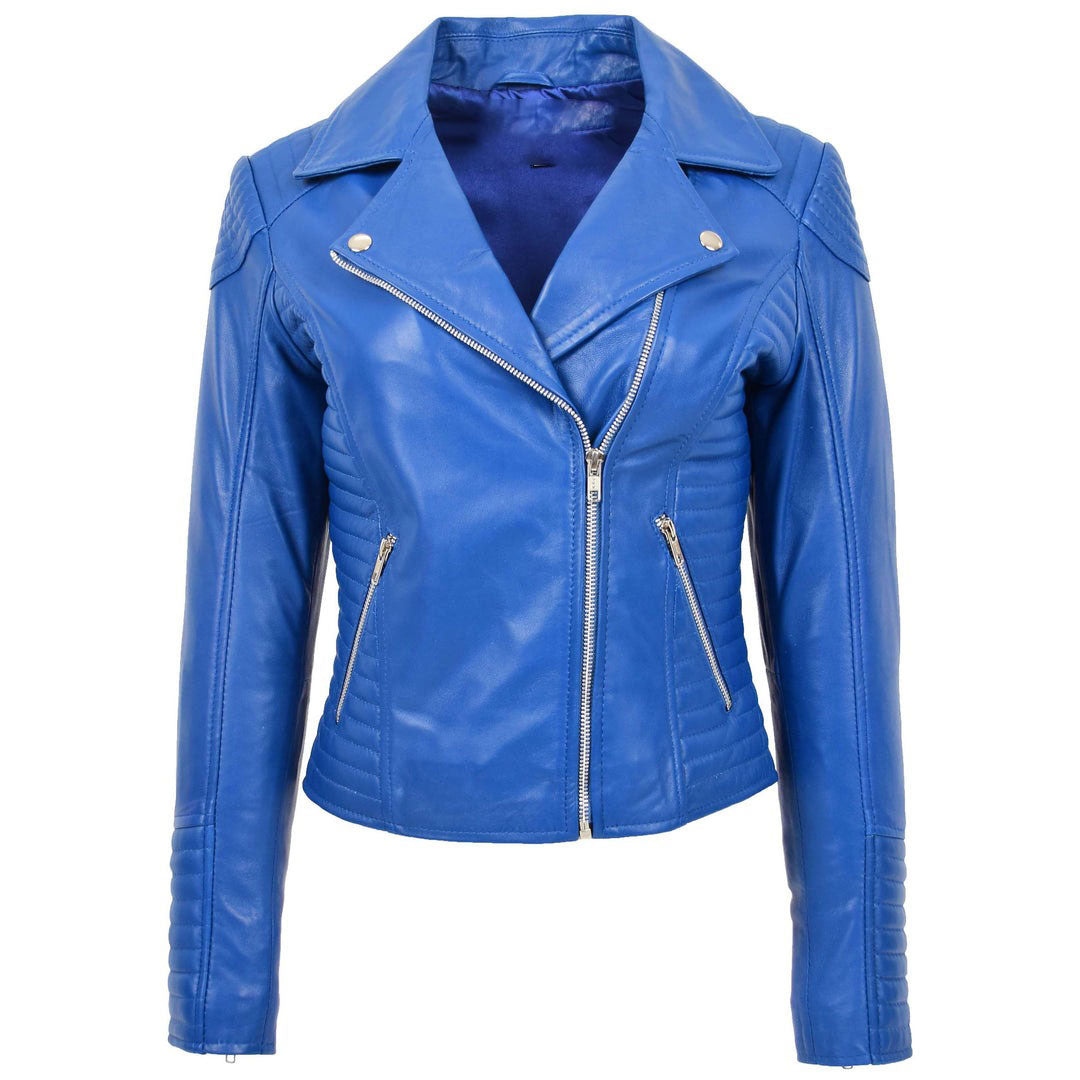 Womens Soft Leather Cross Zip Biker Jacket Anna Blue