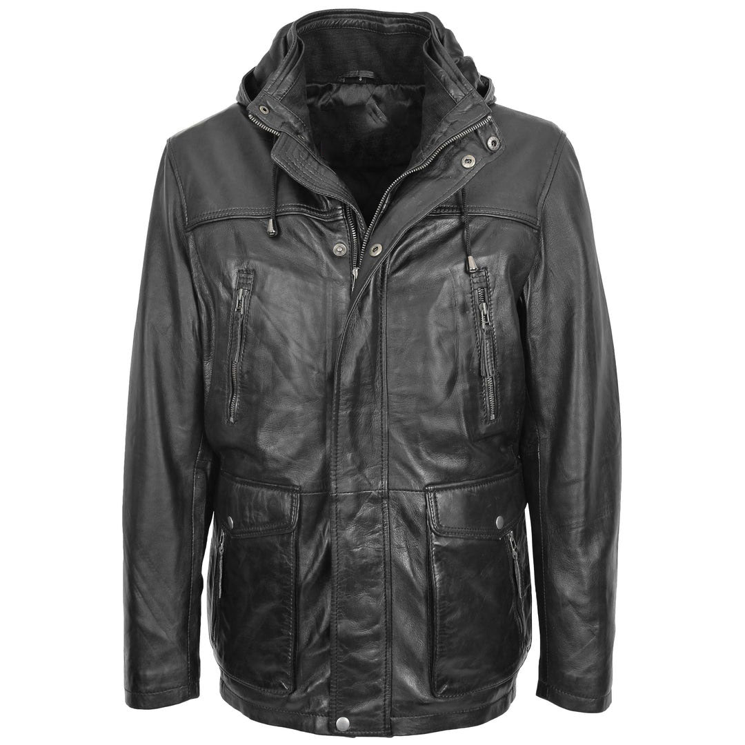Mens Leather Parka Detachable Hoodie Logan Black