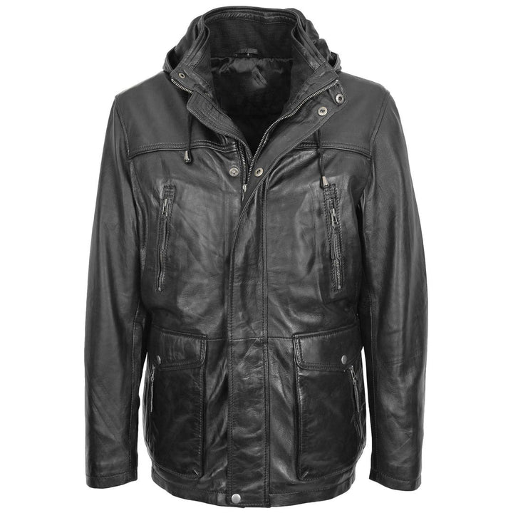 Mens Leather Parka Detachable Hoodie Logan Black