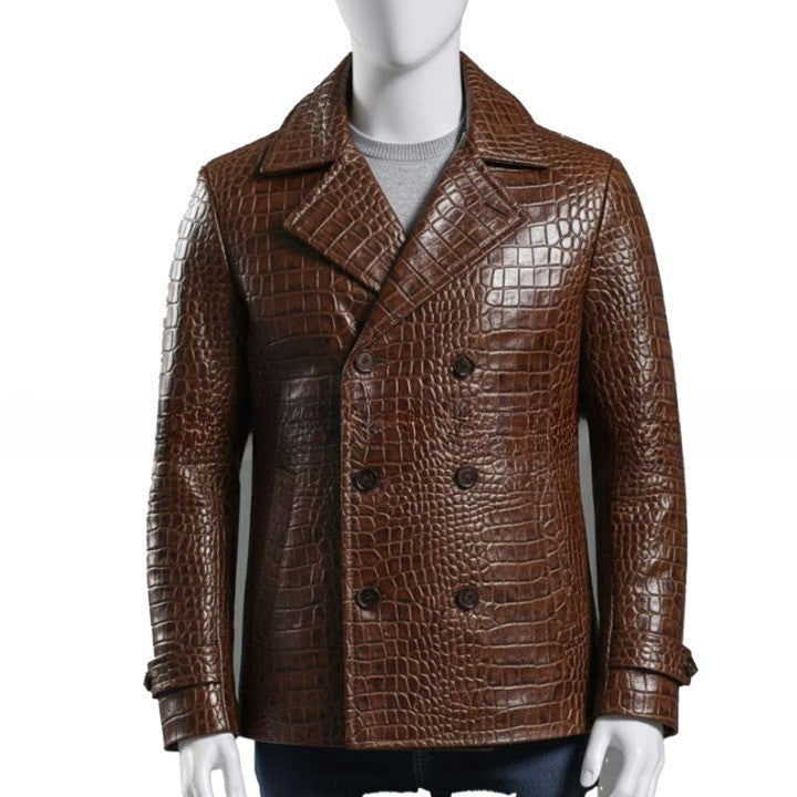 Embossed Brown Leather Peacoat  Mens Double Breasted Jacket