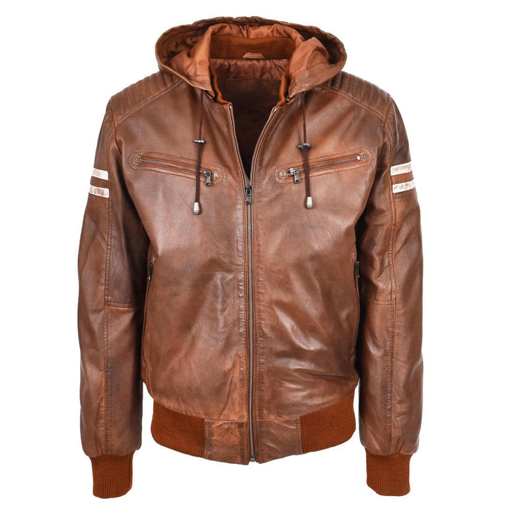 Mens Real Leather Bomber Zip up Detachable Hoodie Jacket Remmy Cognac