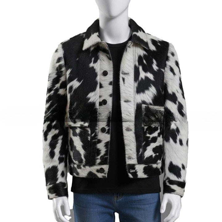 Mens Black and White Hig Contrast Pattern Leather Jacket with Front Buttons  Modern Casual Outerwear